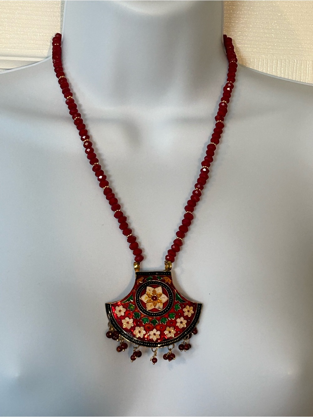 Traditional Indian Meenakari Necklace Hand Painted Enamel Red Gemstone Beads 24”